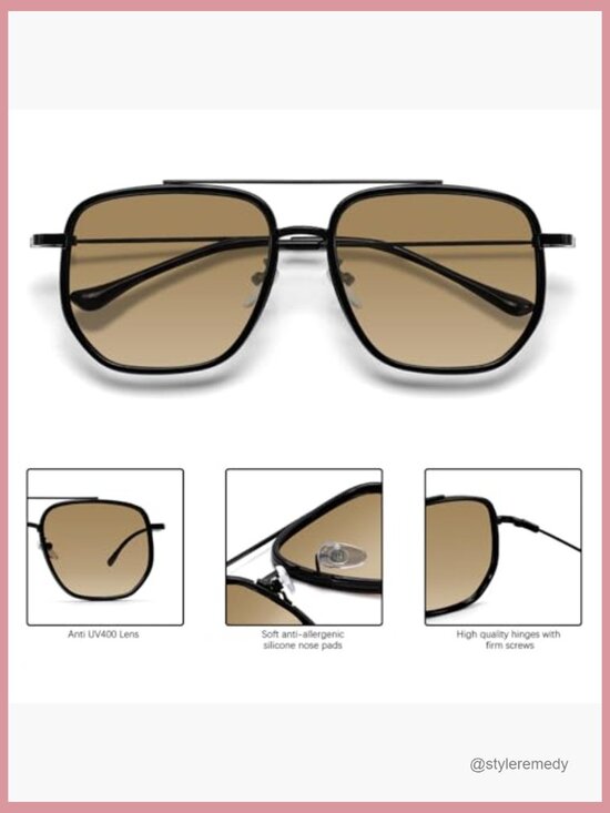 Metal Frame Retro Square Aviator Sunglasses, Oversized Double Bridge